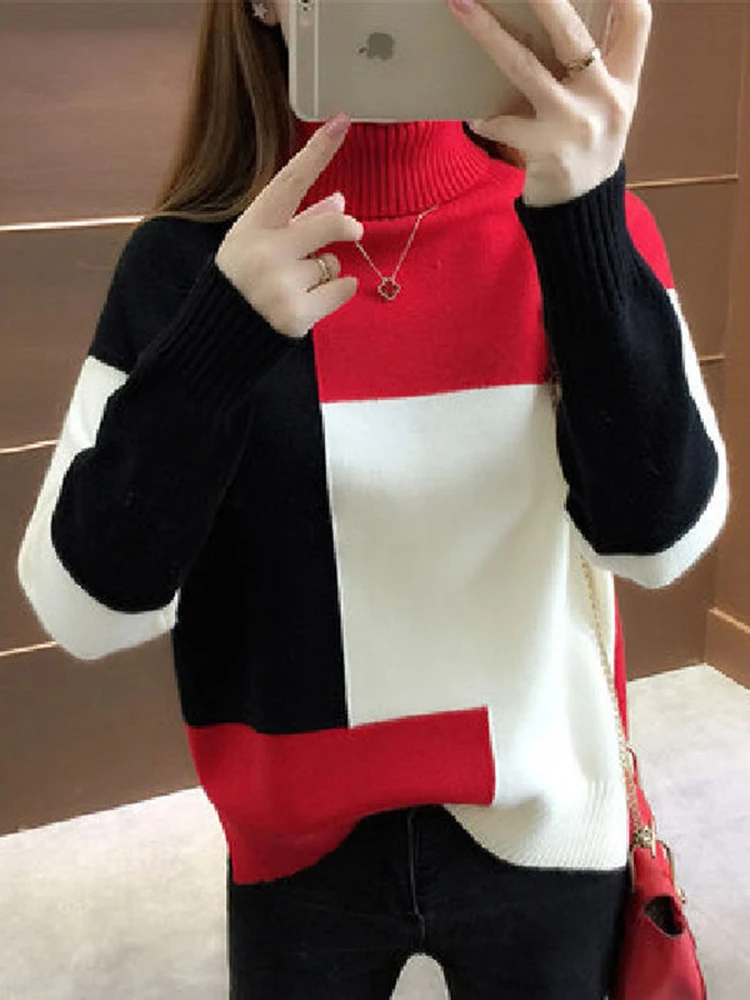 Лоскутный женский пуловер, свитер, осенний Свободный свитер с круглым вырезом и длинным рукавом, вязаный толстый Корейский модный женский джемпер, свитер, топ
