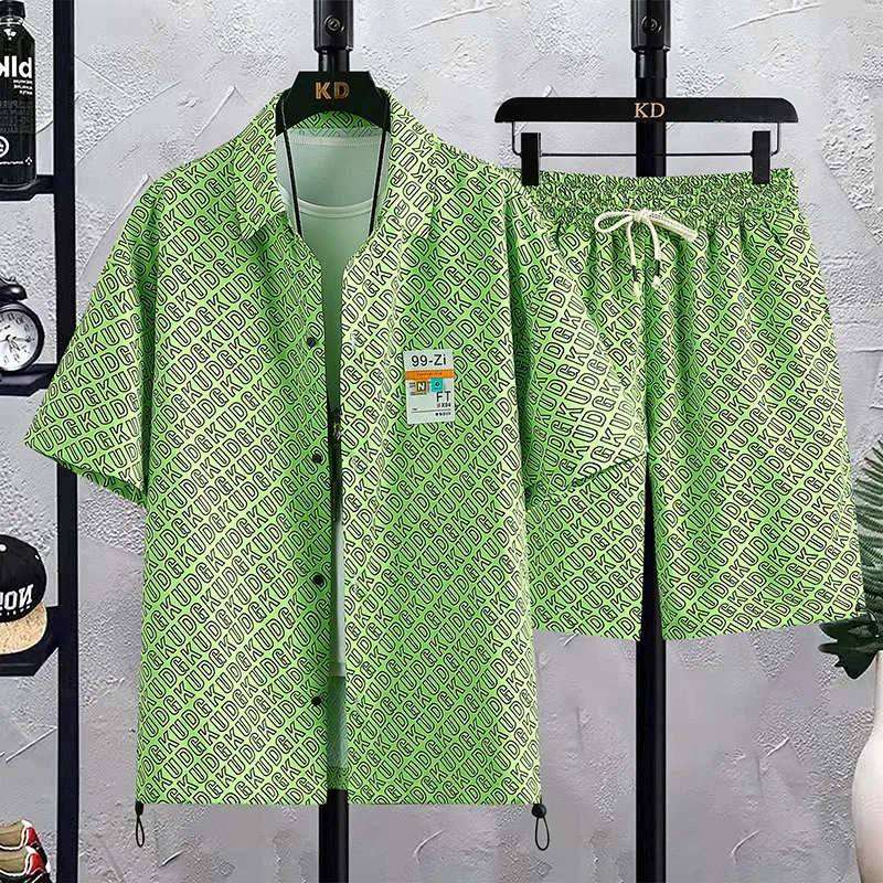 Мужской комплект Рубашка + шорты, летний дышащий повседневный костюм-двойка, уличная мода, мужской спортивный костюм с принтом Харадзюку