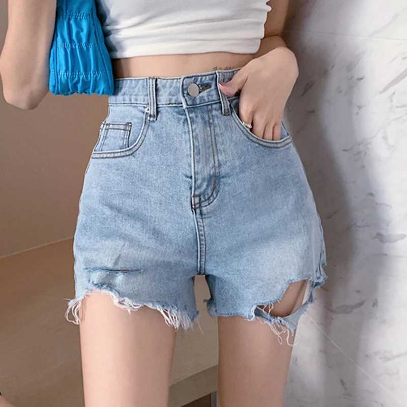 Lucyever Сексуальные открытые джинсы с высокой талией, женские облегающие, подтягивающие бедра, короткие джинсовые женские синие шорты Wild, Новая мода Лета 2021 года
