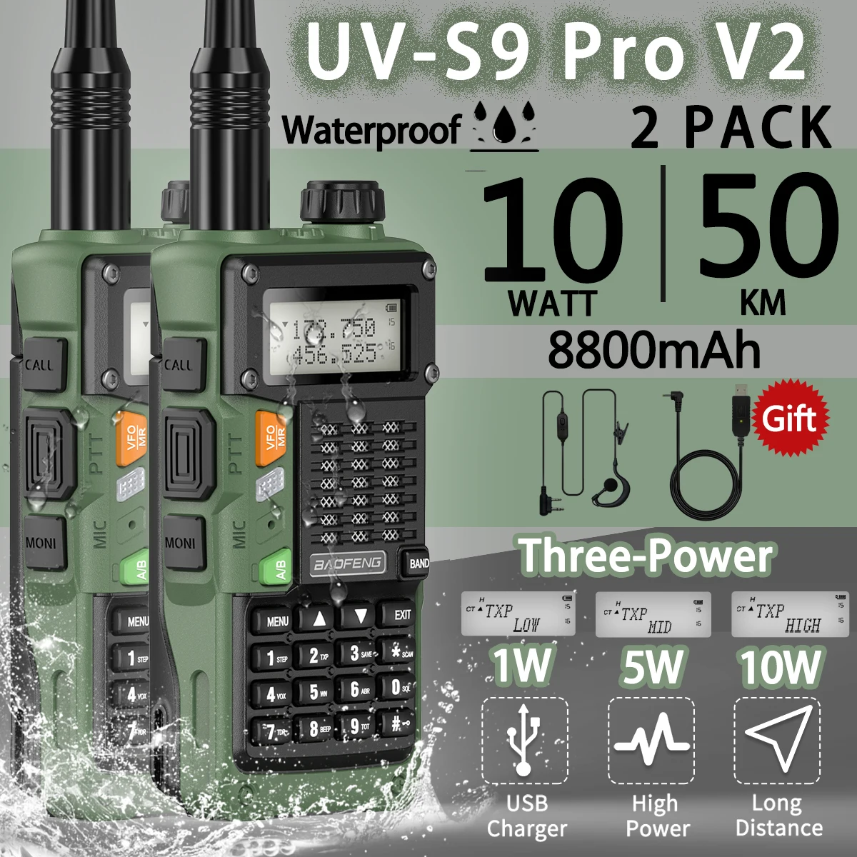 2шт Baofeng UV-S9 PRO V2 IP68 Водонепроницаемая Трехмощная Портативная Рация Vhf Uhf Двухдиапазонная Высокомощная CB-радиостанция Дальнего Действия Двухстороннее Радио