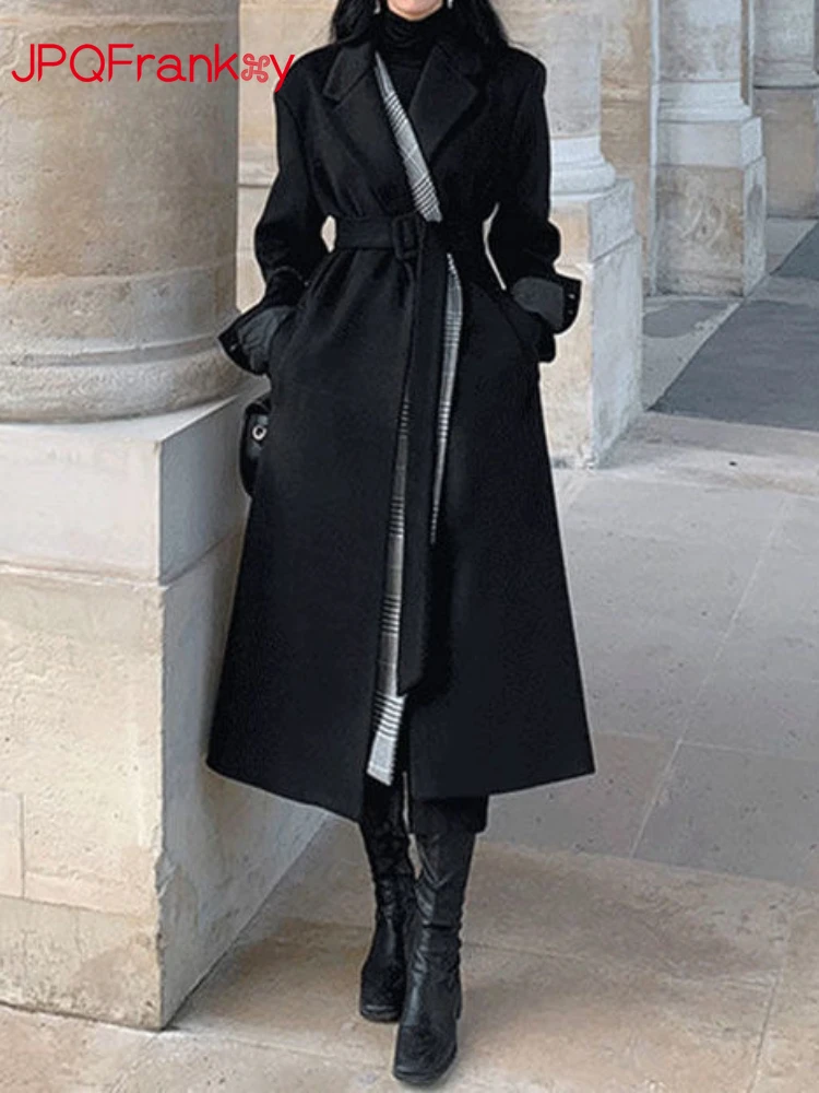Шерстяное пальто Женское 2023 Осень / зима в черную клетку в стиле Хепберн, пальто с высокой талией, женская зимняя куртка