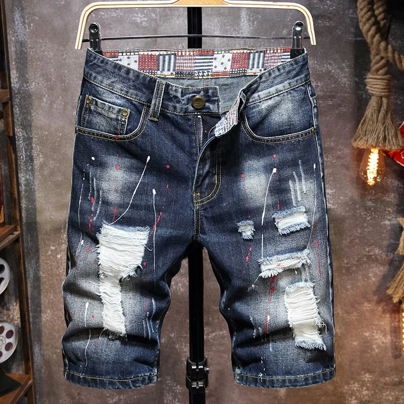 Мужские джинсовые шорты Летняя мужская брендовая одежда с граффити, обтягивающие винтажные шорты с разрезом, мужская повседневная мода, мужские джинсы, спортивные шорты