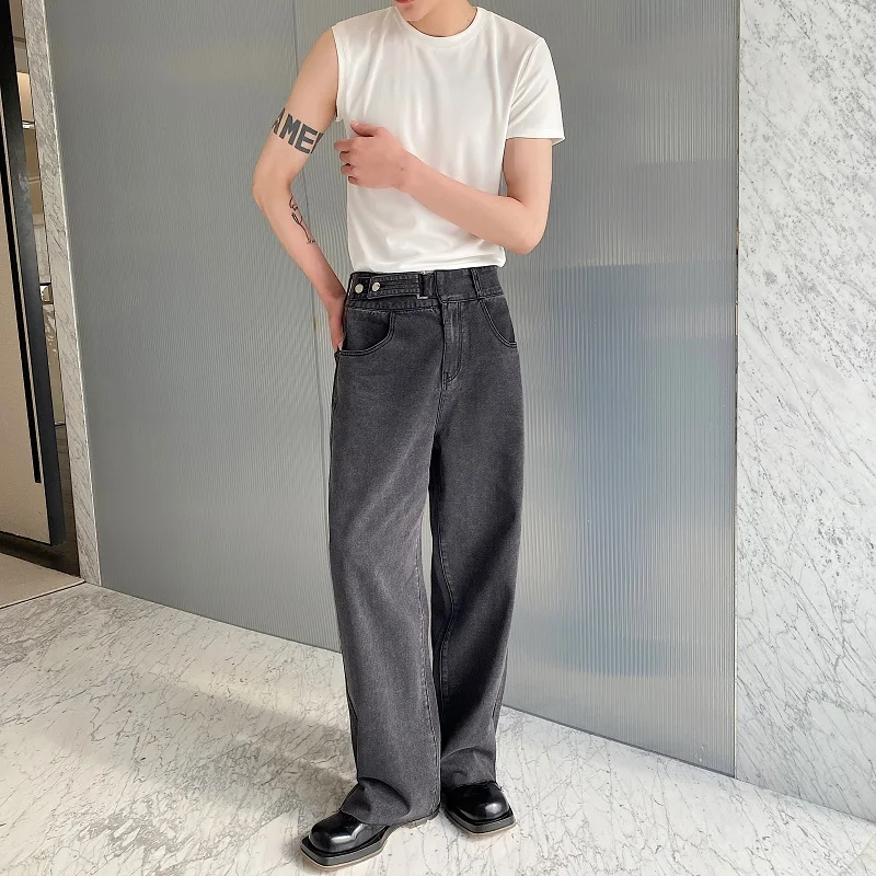 Новая мужская корейская уличная одежда, модные винтажные джинсовые брюки, мужские свободные повседневные прямые широкие джинсовые брюки с поясом на талии
