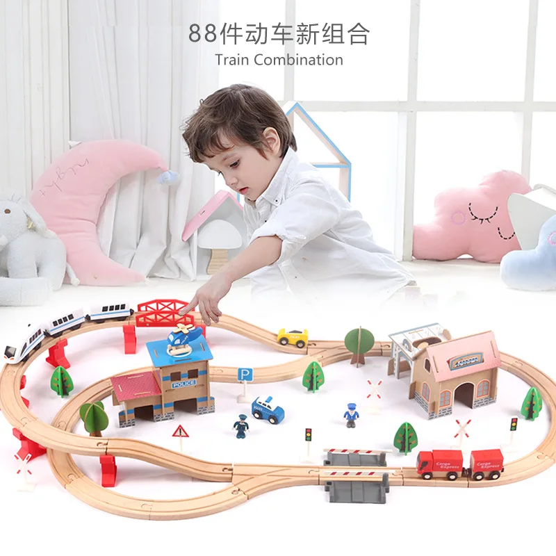 Набор деревянных рельсовых поездов, 88 шт., вагон, деревянный железнодорожный вагон, развивающие игрушки-головоломки, Совместимый бренд, Деревянные рельсовые игрушки для мальчиков, подарки, Он