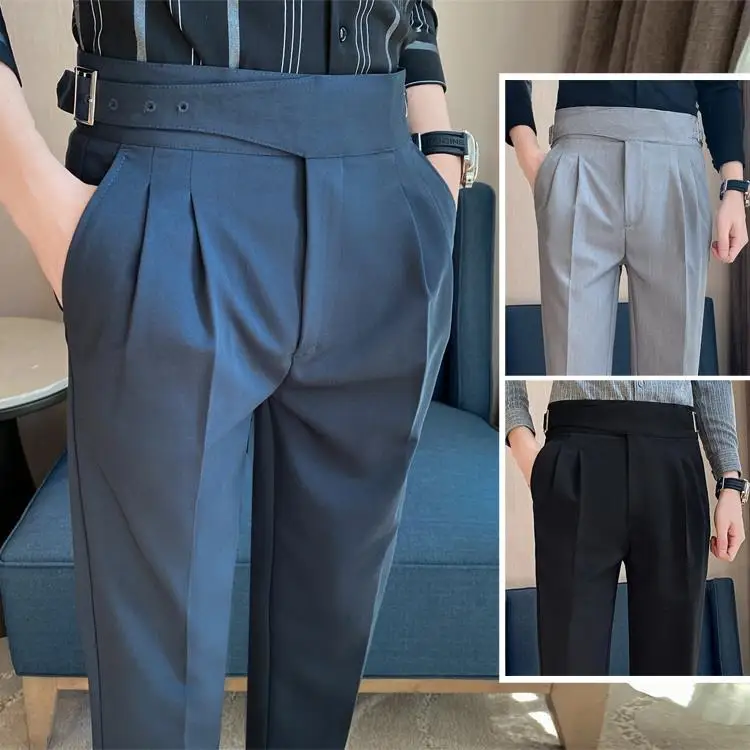 Брюки для мужского костюма, новые высококачественные однотонные облегающие брюки для официального костюма, модная повседневная мужская одежда, брюки полной длины H64