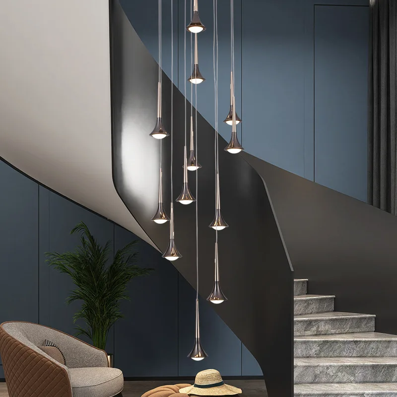 Подвесной светильник для лестницы 2023, Новая Итальянская современная простая гостиная, столовая, вращающаяся лампа для метеоритного дождя с длинным рогом