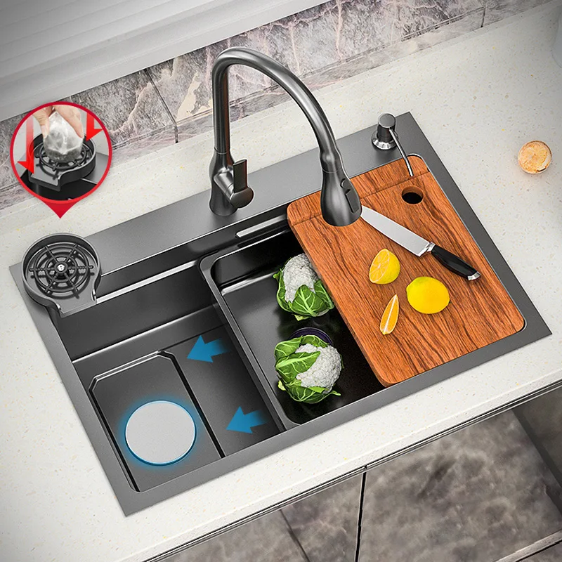 Кухонная раковина, раковина из нержавеющей стали Nano 304, Большая одинарная чаша, черный умывальник и раковина для посудомоечной машины левой стороной вниз
