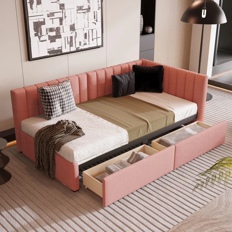 Мягкая кушетка классического дизайна с 2 ящиками для хранения, Каркас дивана-кровати двойного размера, Пружинный блок не требуется, Льняная ткань (розовая)