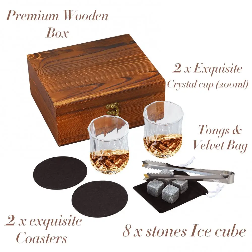 Стаканы Whiskey Stones, набор из 2 стаканов, 18 охлаждающих камней, 2 коврика для чашек, Старомодный Подарочный набор для мужа, отца, любителей виски.