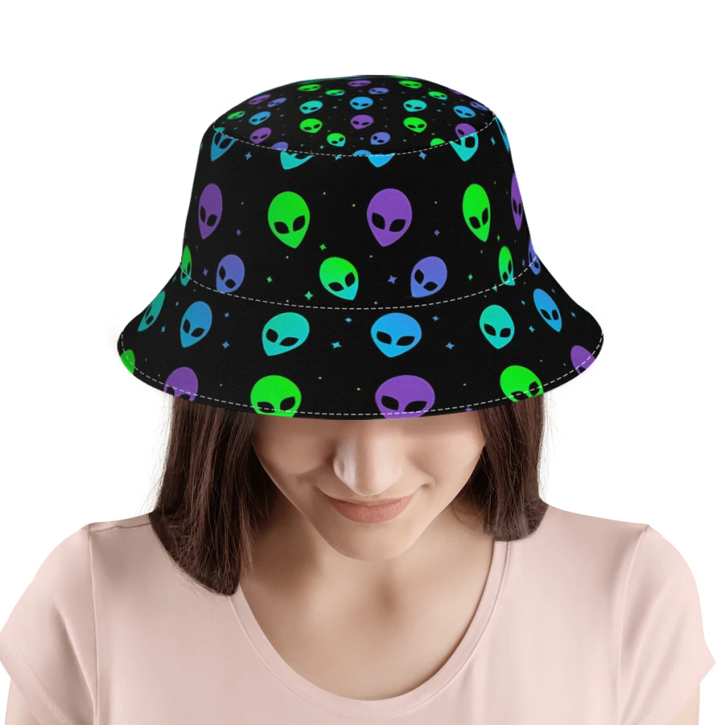 Красочные эстетичные шляпы-ведра из полиэстера Alien, Унисекс, Панама с полным принтом, Рыбацкая кепка, Уличная шляпа от солнца