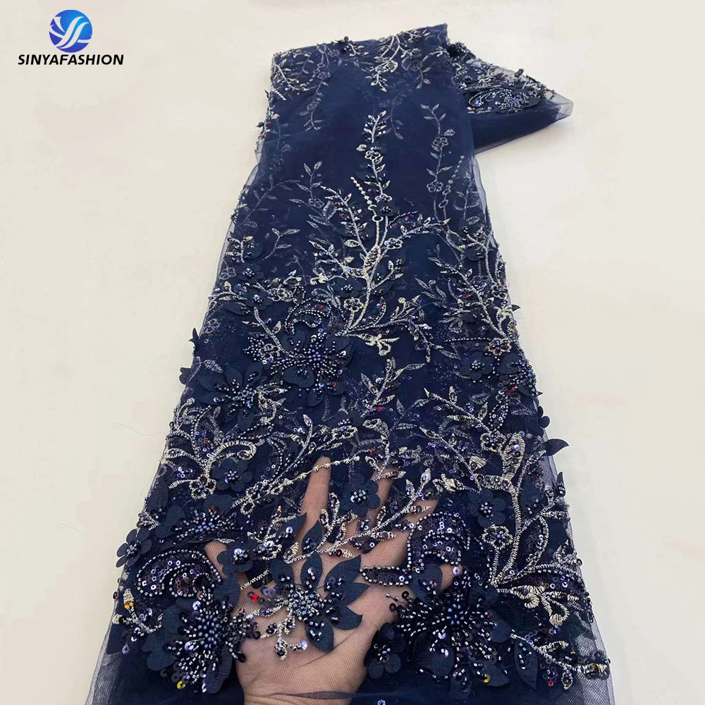 Синья Темно-Синий Африканский 3D Цветочный Цветок Аппликация Французский Тюль 3D Кружевная Ткань Высокого Качества Роскошные Блестки Жемчуг Бисерное 3D Кружево