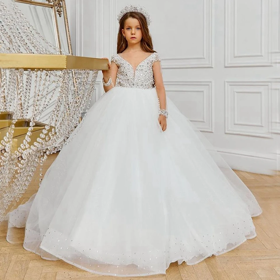 Белые блестящие кристаллы, расшитые бисером платья для девочек-цветочниц на свадьбу 2023, Иллюзионное бальное платье с длинными рукавами, платья для первого причастия
