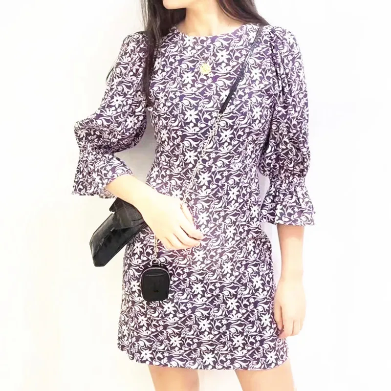 Фиолетовое женское платье без спинки с цветочным принтом, круглый вырез, рукав-бабочка, Высокая талия, 2023, Весенне-летний мини-халат для женщин