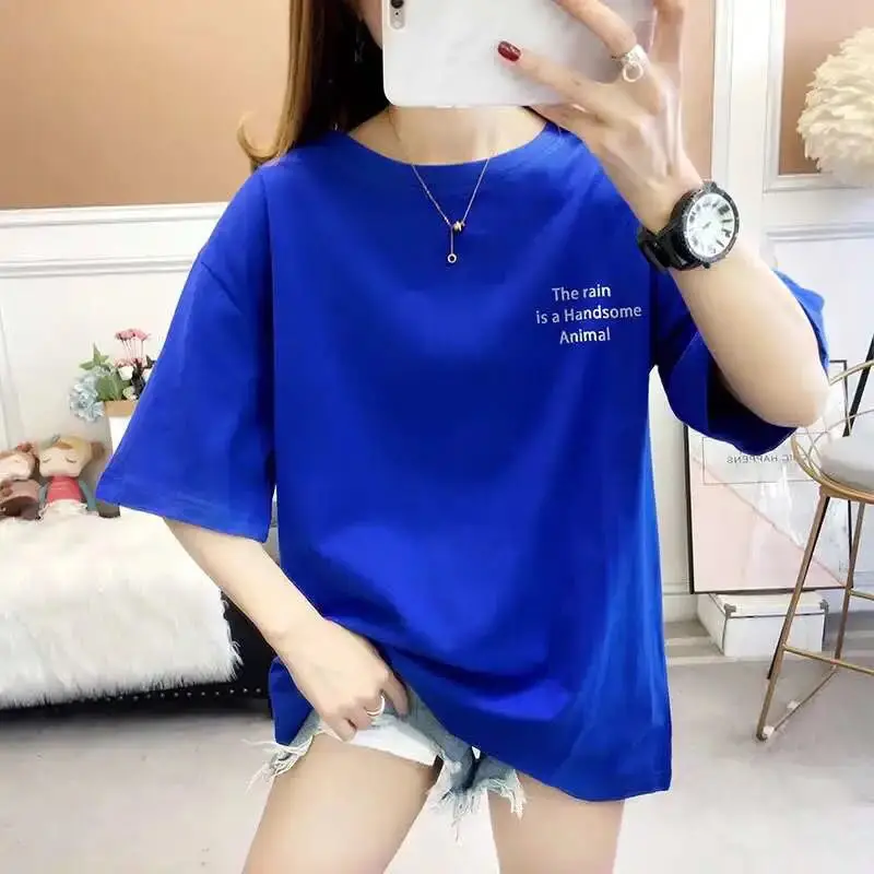 Хлопчатобумажная свободная синяя футболка с короткими рукавами, женская нижняя рубашка с короткими рукавами, корейская футболка с буквенным принтом, плюс размер, бренд tide