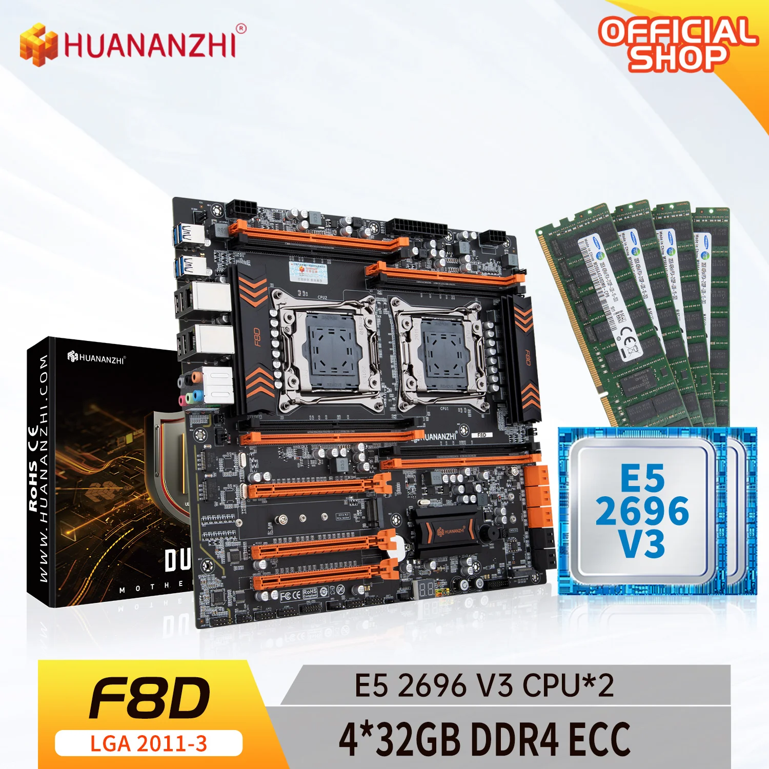 Материнская плата HUANANZHI X99 F8D LGA 2011-3 XEON X99 с процессором Intel E5 2696 V3 * 2 и 4 * 32 ГБ комбинированной памяти DDR4 RECC NVME SATA