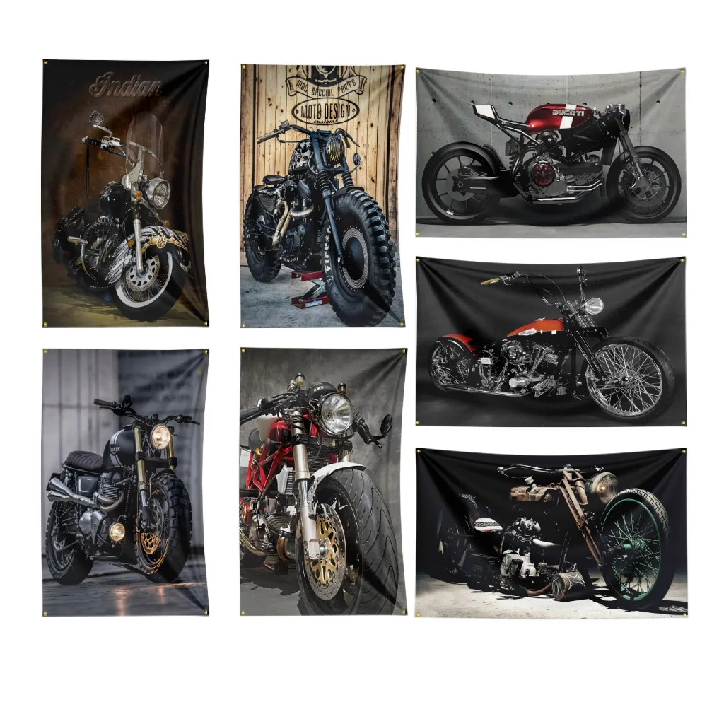 Мотоцикл В пути Флаг Баннер Мотоциклист Арт Винтажный плакат Настенный знак Темный автомобиль Человек Гараж Паб Клуб Бар