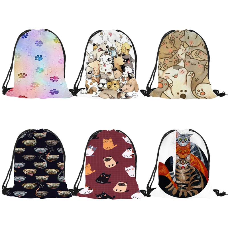 Индивидуальные сумки на шнурках с принтом милого мультяшного котенка и щенка с двойными бортами для женщин и мужчин, школьных рюкзаков для путешествий