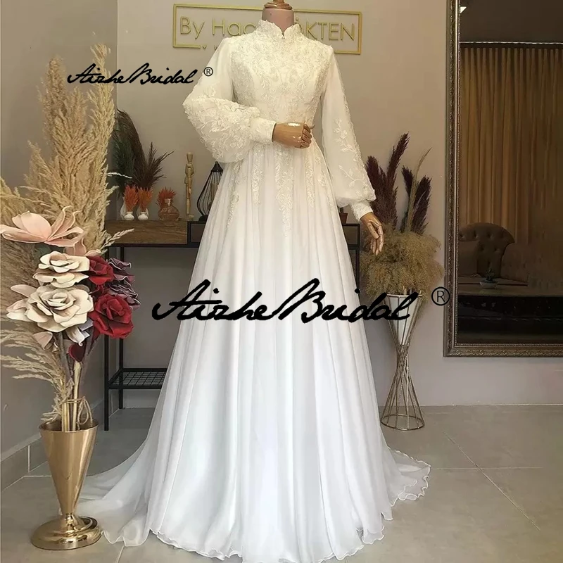 Белые Мусульманские свадебные платья цвета слоновой кости, свадебные платья с высоким воротом, Марокканские Вечерние наряды с длинными рукавами, Женские Вечерние наряды