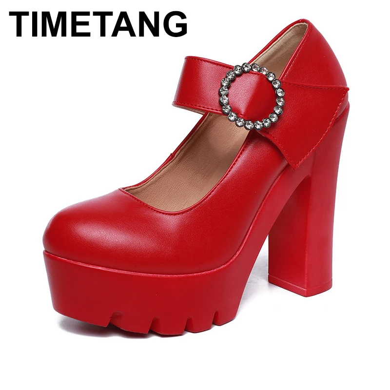 TIMETANGHeel/ женские туфли-лодочки; Коллекция 2019 года; сезон Весна-осень; Белые туфли Мэри Джейн на высоком каблуке; женские красные свадебные туфли большого размера 35-43.