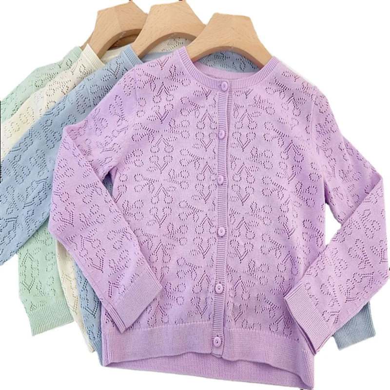 Детский свитер, весенне-летний новый досуг для девочек, четырехцветный вишневый вязаный кардиган