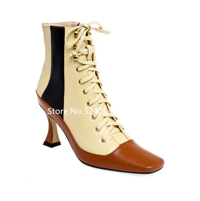 Новые европейские разноцветные женские ботильоны с перекрестной шнуровкой, короткие модные ботинки с квадратным носком и боковой молнией, Femme
