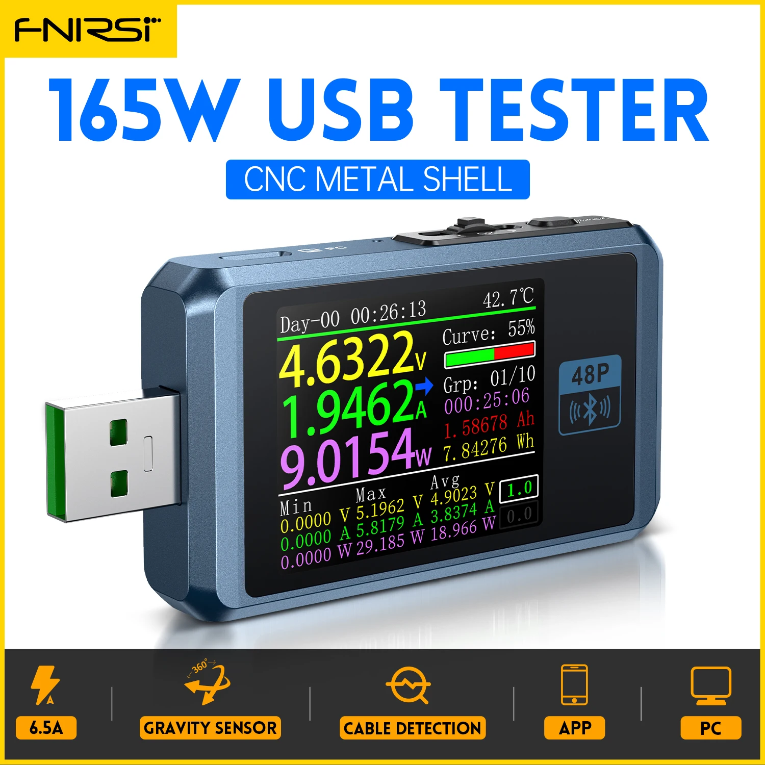 FNIRSI-FNB48P USB-тестер батареи Вольтметр Амперметр TYPE-C Быстрое обнаружение заряда, измерение емкости триггера, пульсационный монитор