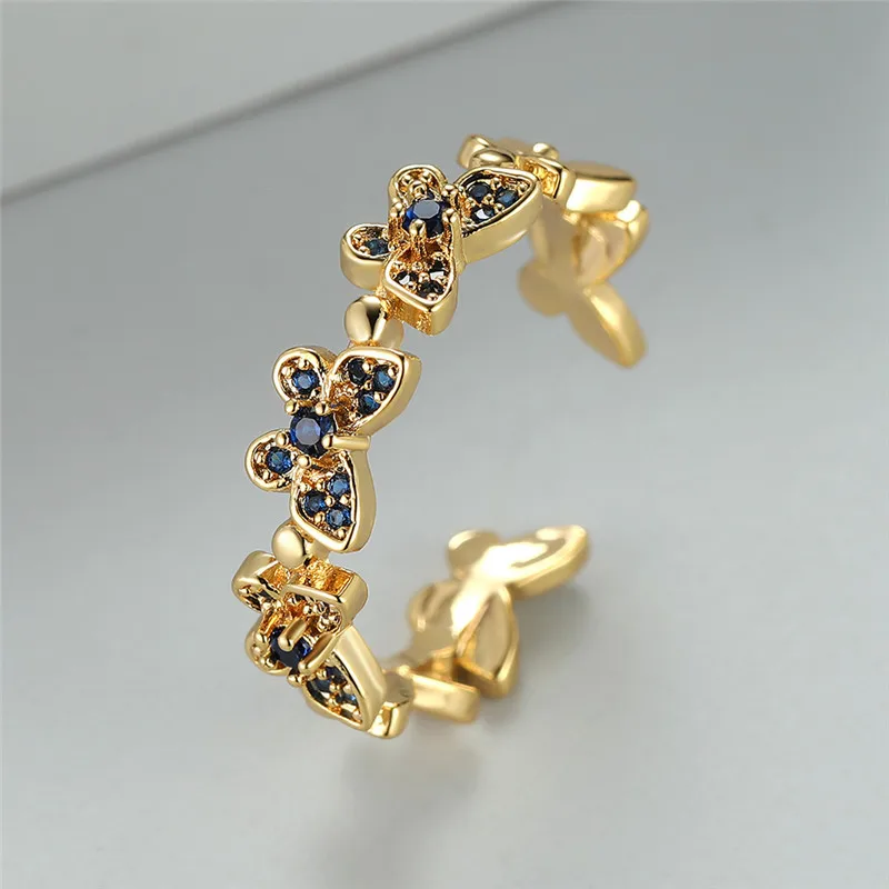 Роскошное женское кольцо с регулируемым камнем, классическое обручальное кольцо цвета желтого золота, обручальные кольца с бабочкой и синим кристаллом для женщин