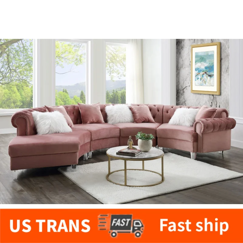 Комбинированный диван для гостиной из американской ткани с семью подушками, круглое сиденье из розового бархата