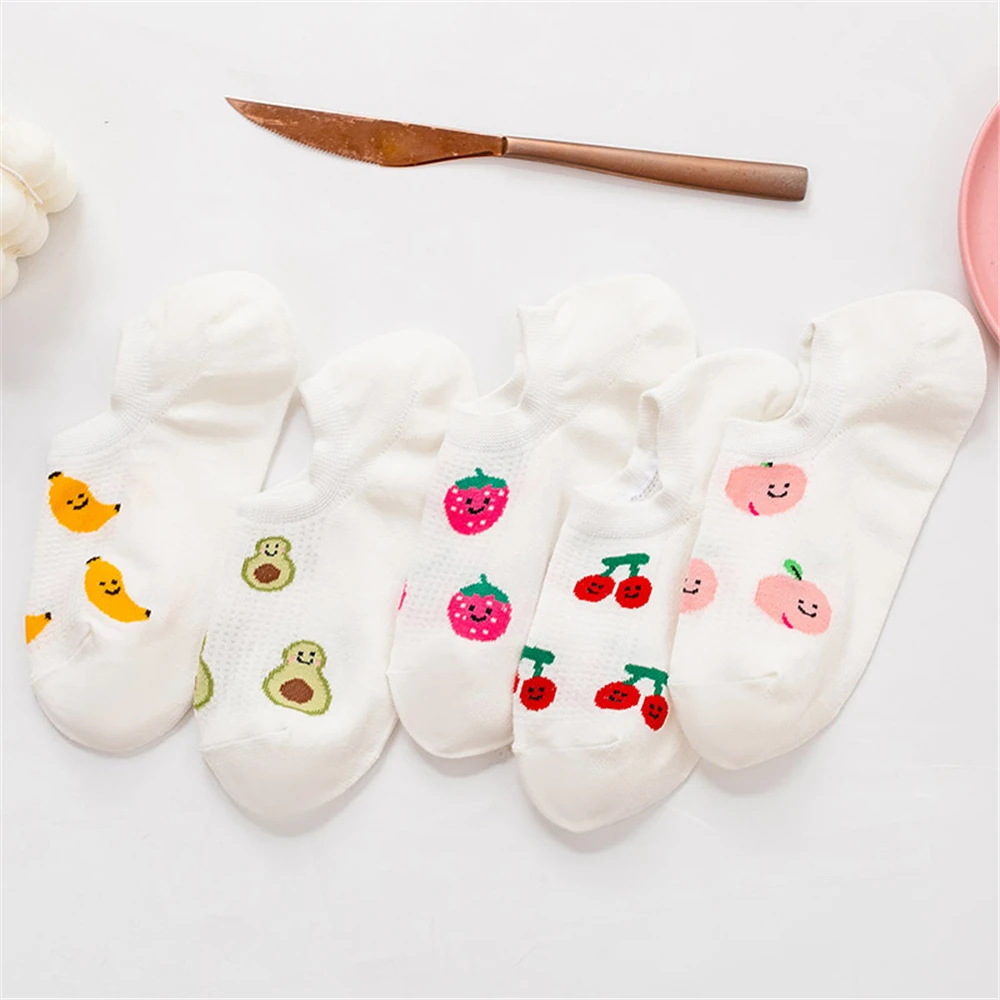 Новые летние белые носки Happy Fruit для девочек с милым рисунком, банан, персик, клубника, авокадо, вишня, без показа, дышащие сетчатые носки