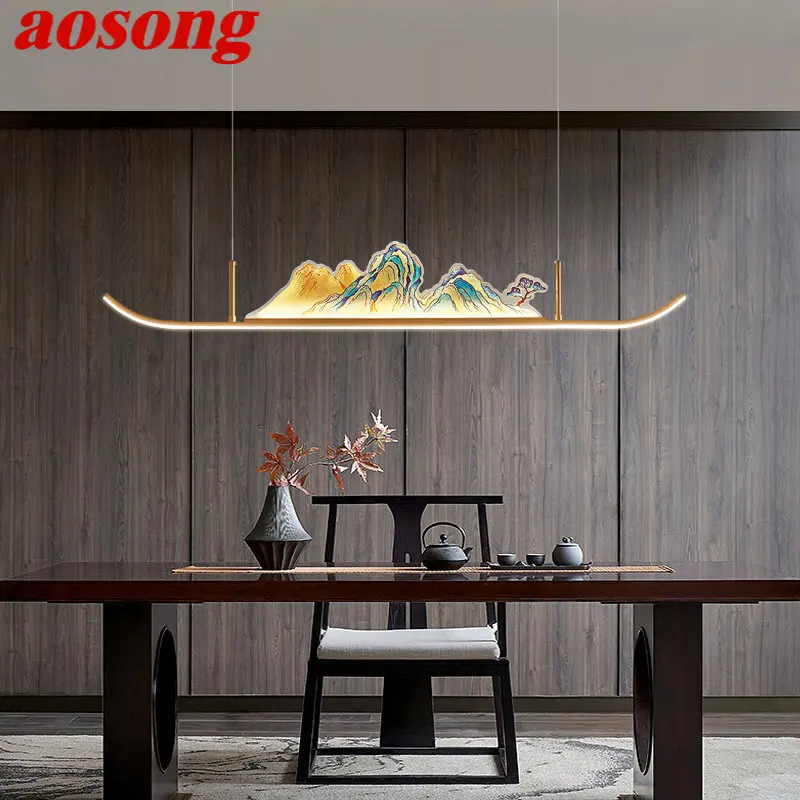 Китайская лампа AOSONG Подвесной светильник LED 3 цвета Креативный дзен дизайн Пейзаж Холма Люстра для домашней столовой чайханы