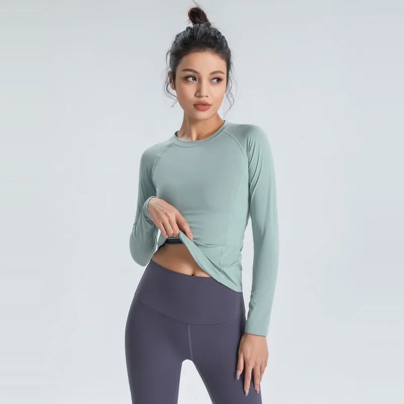 Одежда для фитнеса и йоги, женская облегающая футболка с длинными рукавами, укороченный топ, спортивный топ для тренажерного зала, одежда для занятий бегом и фитнесом