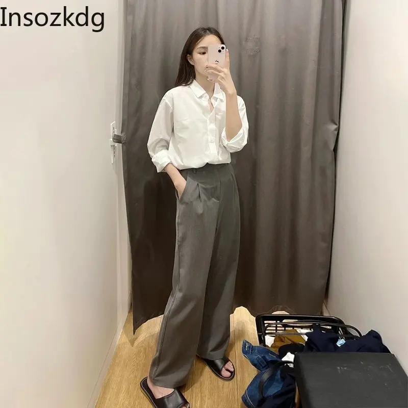 Весенний комплект брюк Insozkdg, шикарные Белые рубашки с лацканами, широкие повседневные брюки, Корейский модный комплект из двух предметов, женская одежда