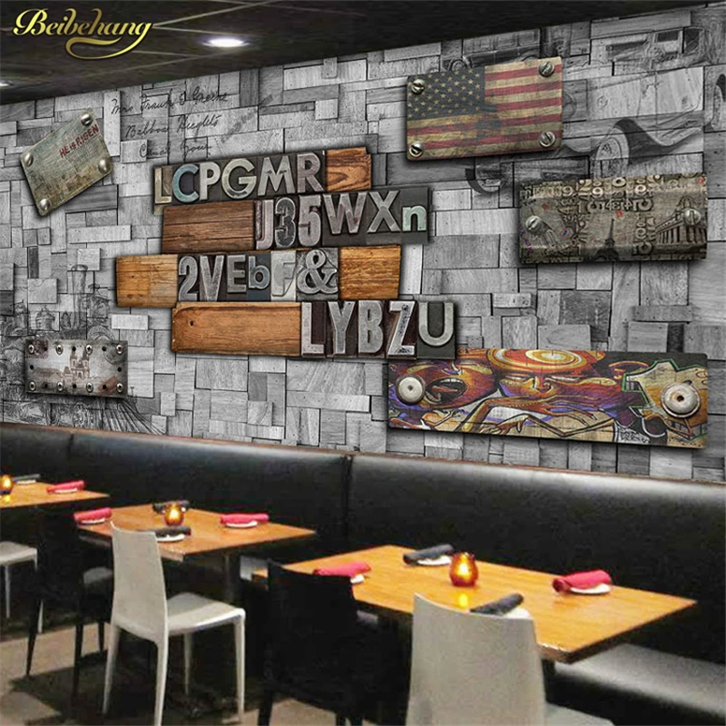 beibehang 3D Винтажная Деревянная Картина в полоску в рамке Creative Gear Кирпичные Обои Тема Западный Ресторан Кафе Фоновая Фреска