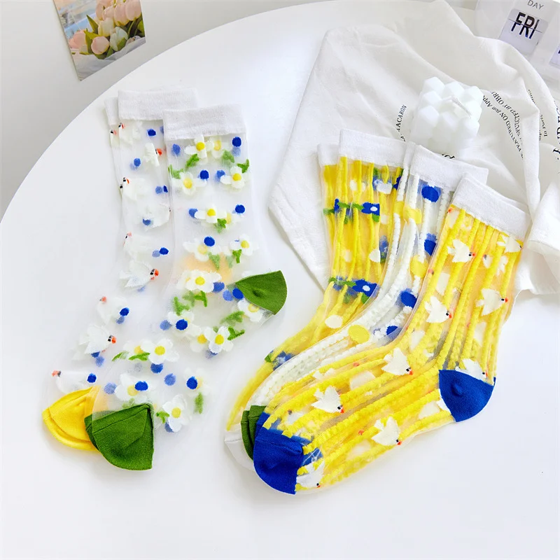 SP & CITY с цветочной вышивкой, Летние носки из тонкого стекла, Женские дышащие прозрачные короткие носки, Модный открытый носок в стиле харадзюку