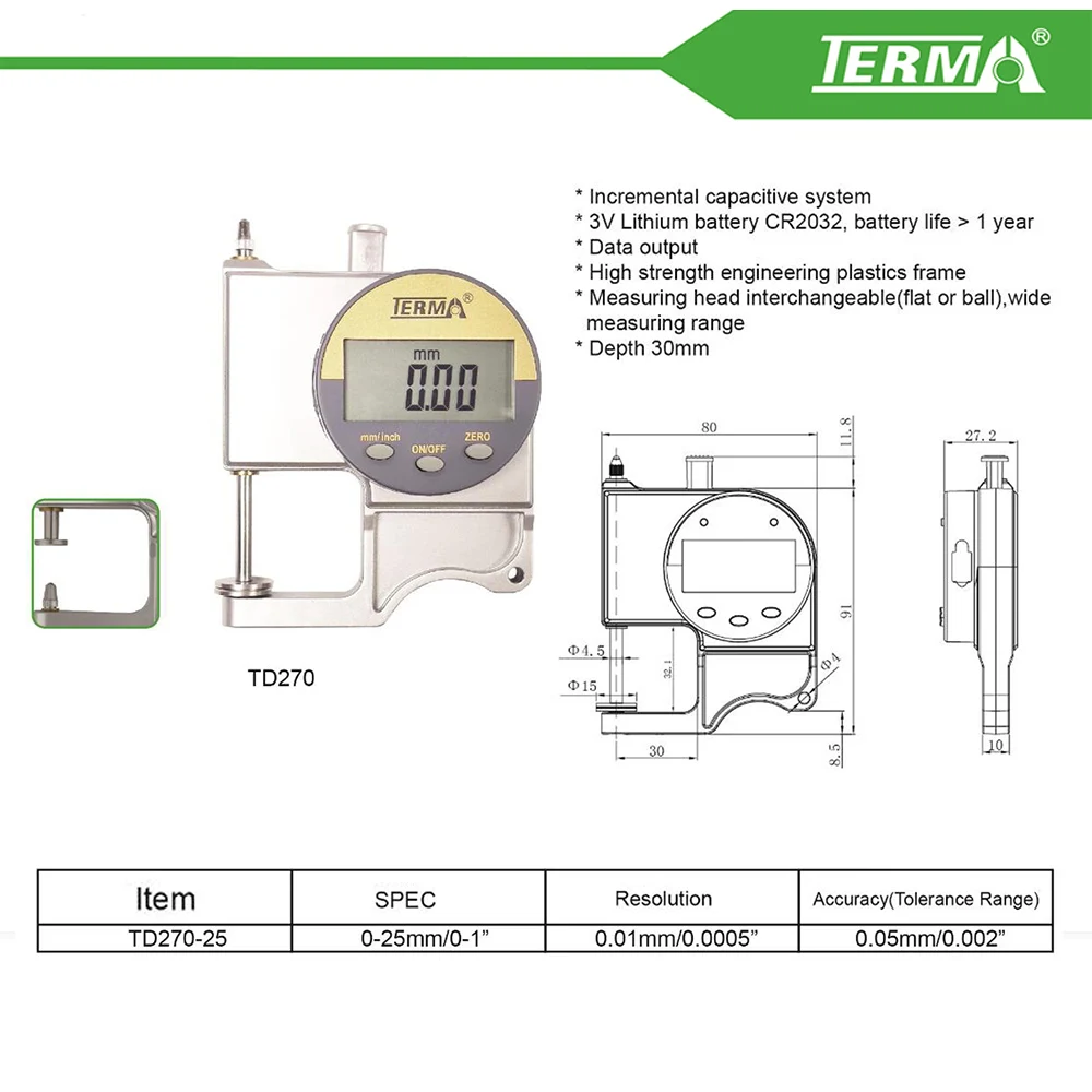 0-25 мм x 0,01 мм цифровой толщиномер марки TD270 TERMA промышленные прецизионные измерительные инструменты
