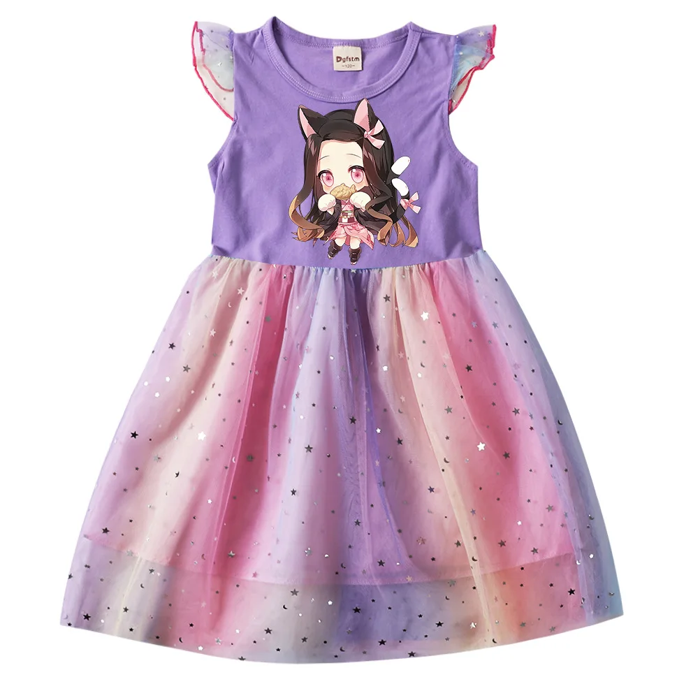 Платье для вечеринки в честь дня рождения для девочек-Истребительниц демонов, летнее платье для маленьких девочек, детское кружевное платье принцессы, Хлопковая детская одежда с принтом