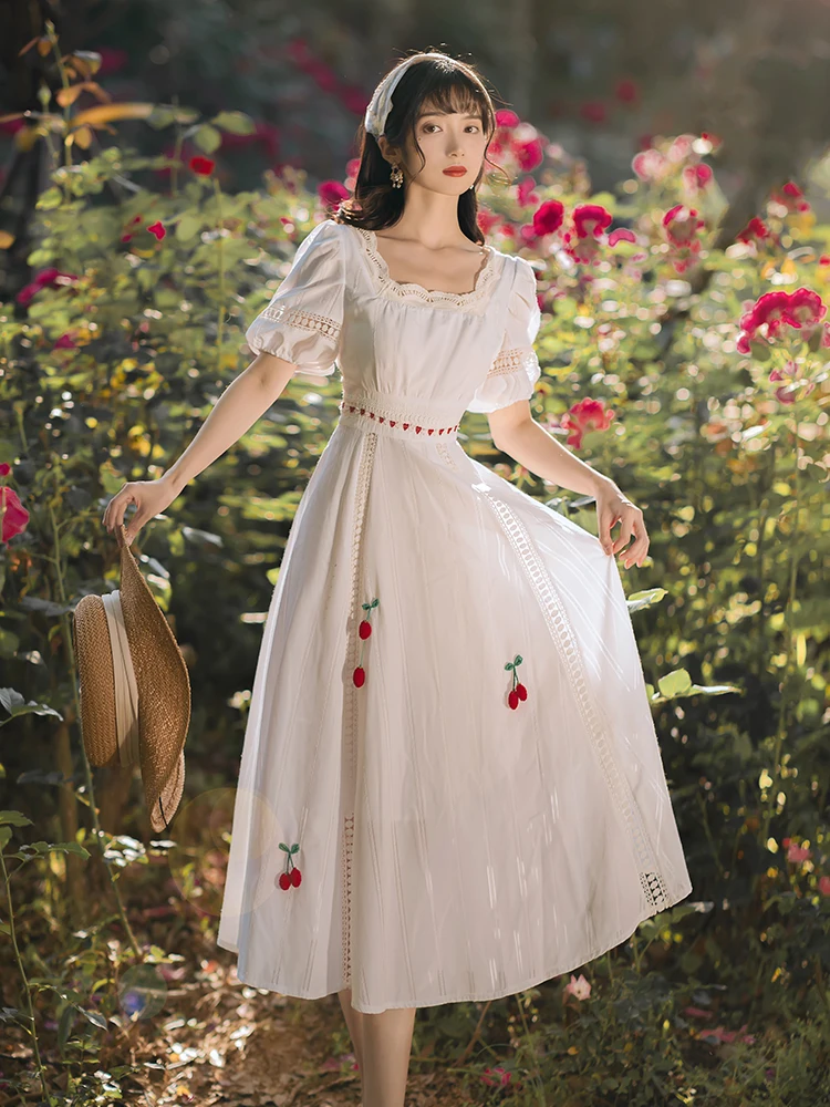 Летнее женское платье в ретро-французском стиле с винтажной вышивкой и пышными рукавами, Романтические платья принцессы Faldas Vestido Branco Festa