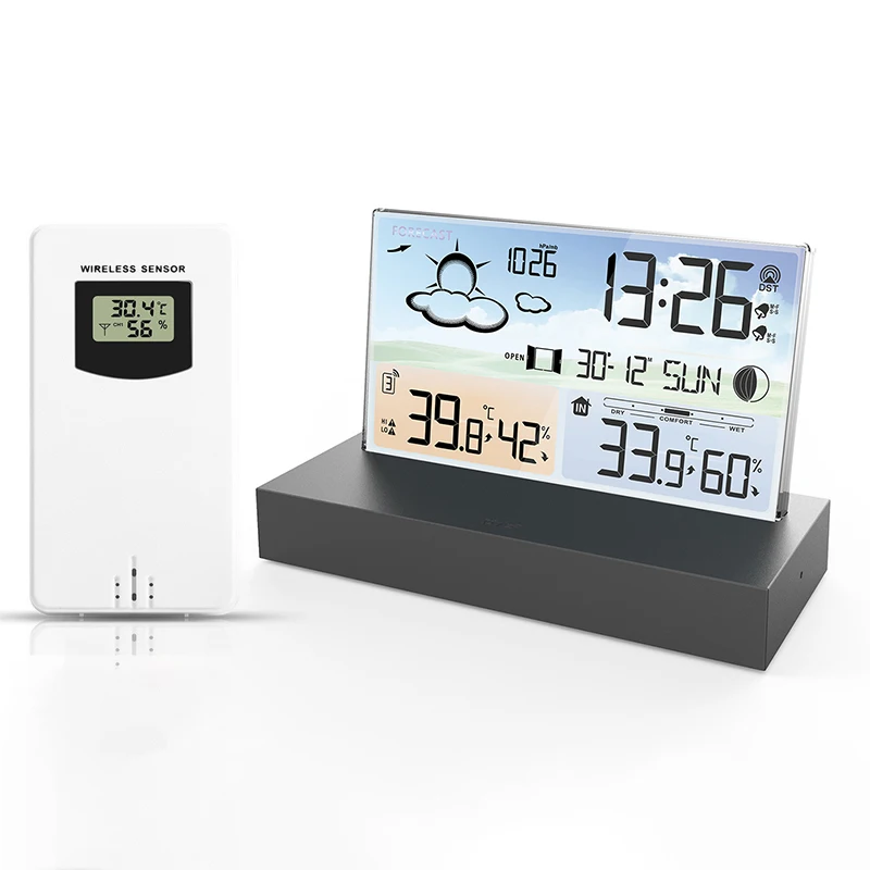Прозрачная Метеостанция Цветной ЖК-дисплей с сенсорным экраном, Термометр, Гигрометр, Цифровой монитор температуры и влажности, прогноз погоды