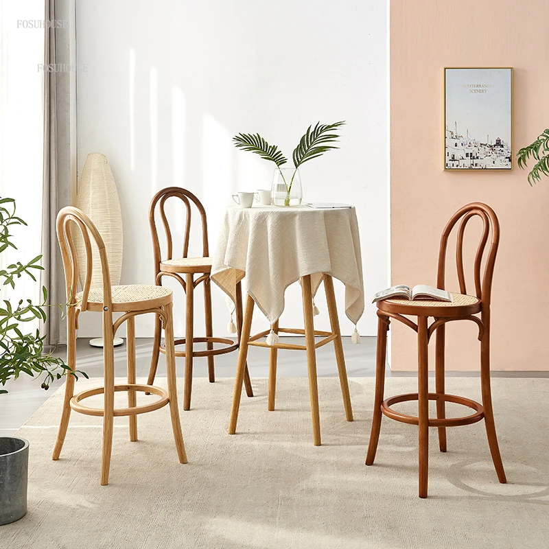 Барные стулья из массива дерева в американском стиле в стиле ретро, дизайнерский высокий барный стул, барная мебель для дома, барный стул с одной спинкой, Креативные стульчики для кафе