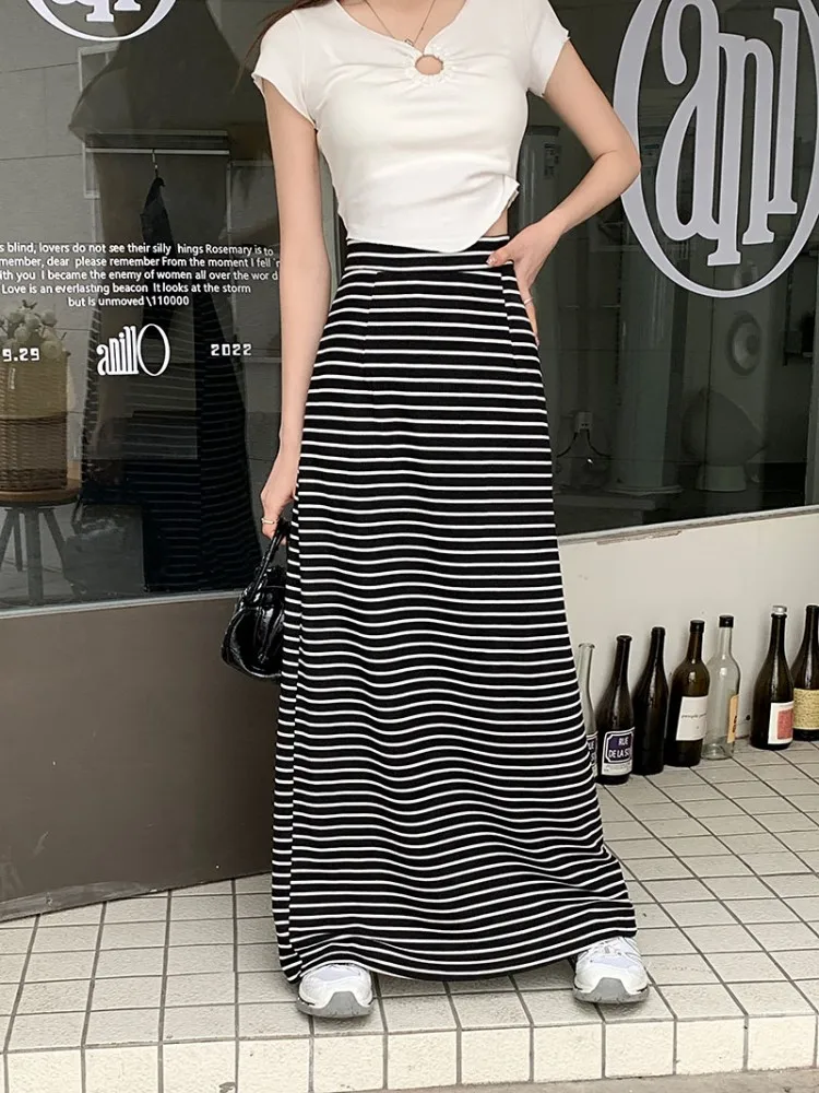 2 цвета S-XL, черная белая Длинная юбка в полоску, женская новинка 2023 года, весенне-летние юбки-карандаш с высокой талией, женские (75096