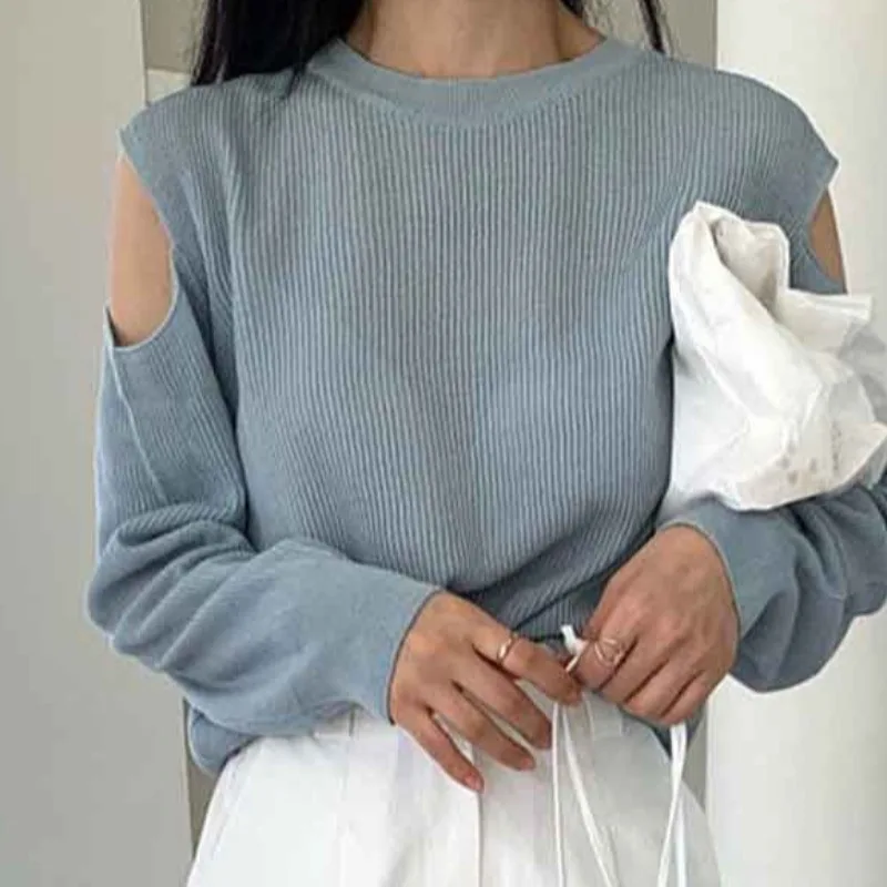 Корейский шикарный осенне-зимний новый ленивый стиль, Свободная индивидуальность, чувство дизайна с открытыми плечами, пуловер с длинными рукавами, свитер для женщин