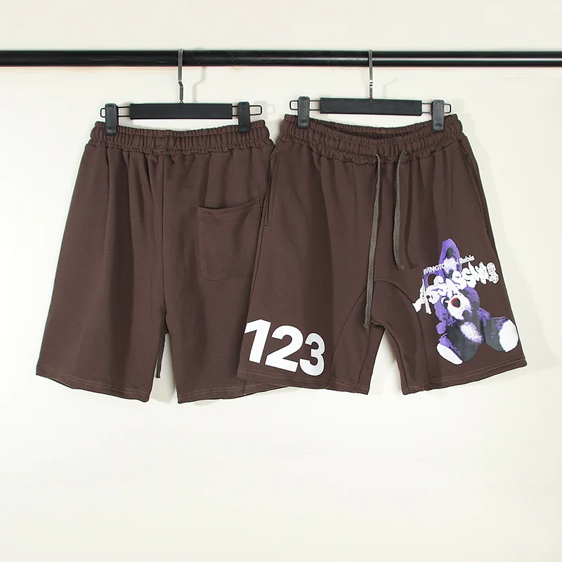 RRR123, Махровые шорты с объемной строчкой и буквенным принтом в стиле граффити, свободные повседневные шорты в стиле ретро коричневого цвета