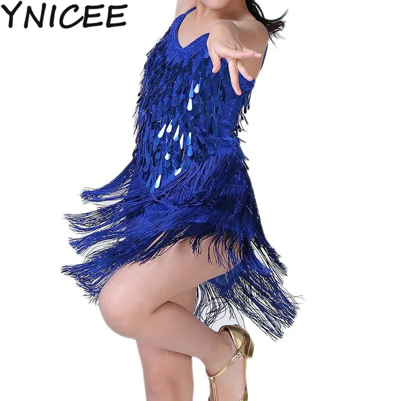 Платье с блестками и кисточками для девочек, юбка для латиноамериканских танцев, костюм, сверкающий для детей, одежда для танцев танго Румба 