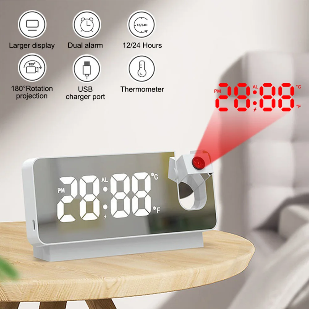 Цифровой будильник с проектором времени на 180 °, повтор светодиодных смарт-настольных часов, Электронные настольные часы, USB-будильник для гостиной