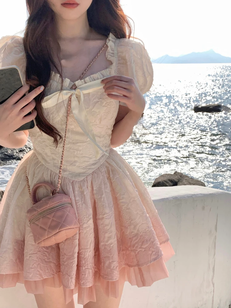 Kawaii Lolita Dress Женское повседневное мини-платье Y2k, Тонкое Элегантное платье с бантом, Элегантное Винтажное цельное платье для вечеринки, Корейское лето 2023 г.