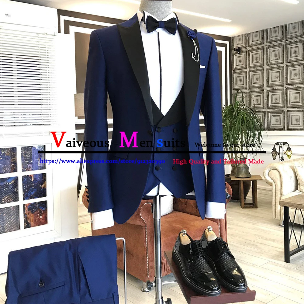 Traje De Novio Темно-синие мужские костюмы Slim Fit, смокинг для выпускного вечера жениха, 3 предмета (пиджак + брюки + жилет) Черный свадебный костюм с лацканами для мужчин 2022