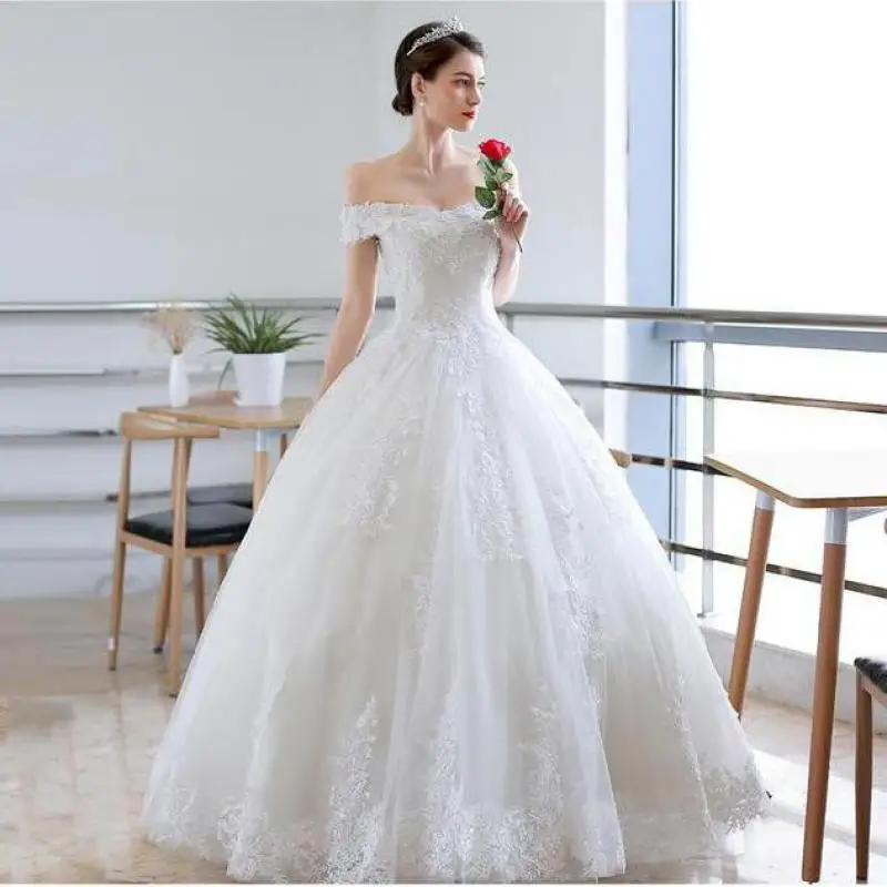 2023 Белоснежное сексуальное свадебное платье с вырезом лодочкой, красивое кружевное бальное платье с цветами, свадебное платье принцессы с открытыми плечами, сшитое на заказ
