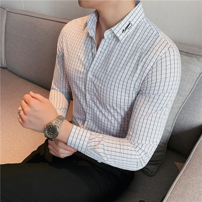 2022 Мужская модная повседневная рубашка в клетку с длинным рукавом, Приталенная мужская социальная деловая рубашка, брендовая мужская одежда, мягкая и удобная
