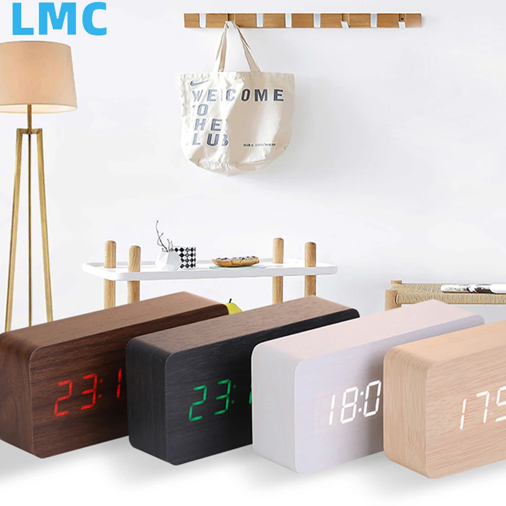 Будильник LMC Настольные часы Светодиодные цифровые деревянные Настольные часы с питанием от USB / AAA Температура Влажность Голосовое управление Электронный дом