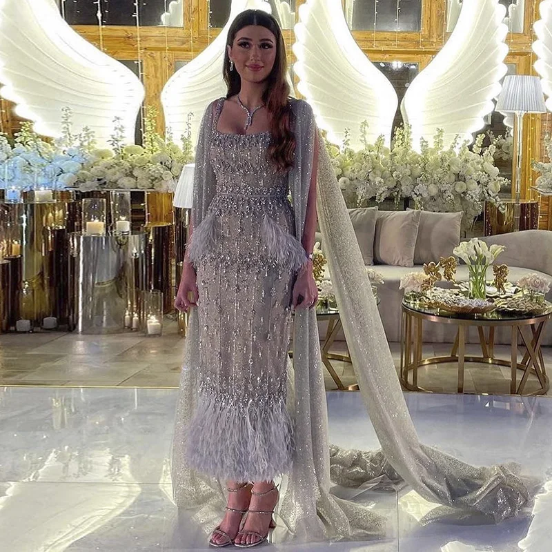 Шарон Саид, Шикарное арабское вечернее платье Русалки серого цвета с накидкой из роскошных перьев, вечерние платья Дубая для женщин, свадебная вечеринка SS279